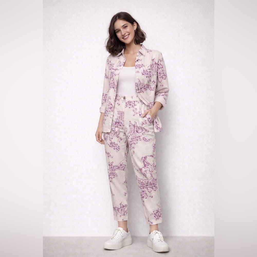 Vintage Magenta Toile 2 Piece Set Pleated High Waist Pants Blouse Cotton S M